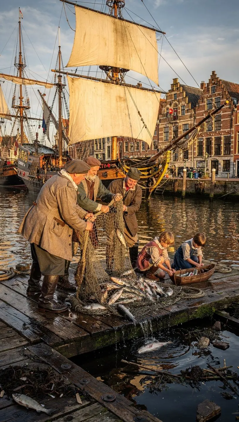 Een drukke haven met mensen die de geschiedenis van de VOC en de schepen verkennen.